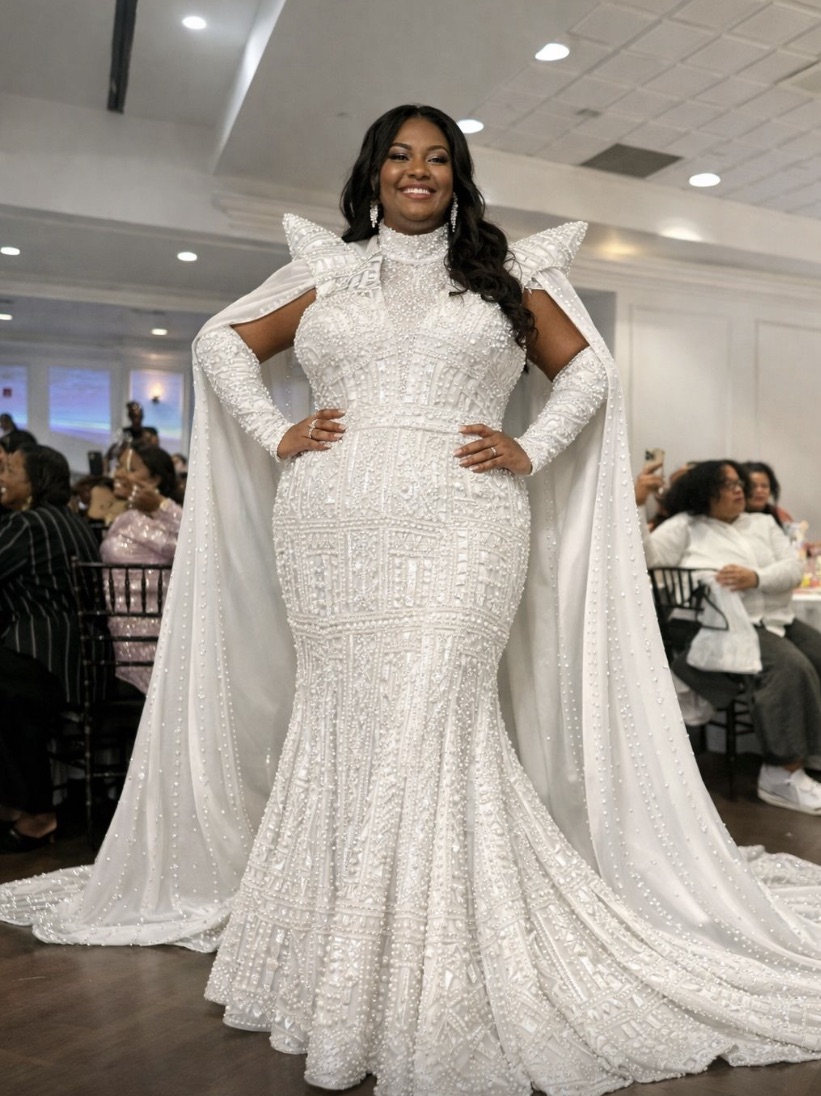 White beaded cape gown